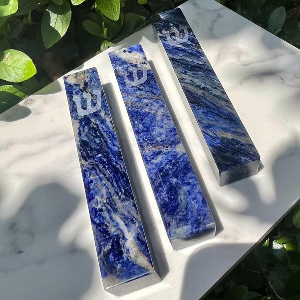 Blue Jasper Shin Engraved Mezuzah