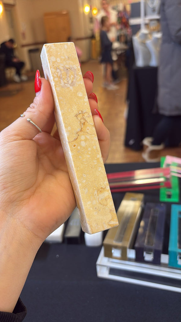 Beige Quarts Shin Engraved Mezuzah