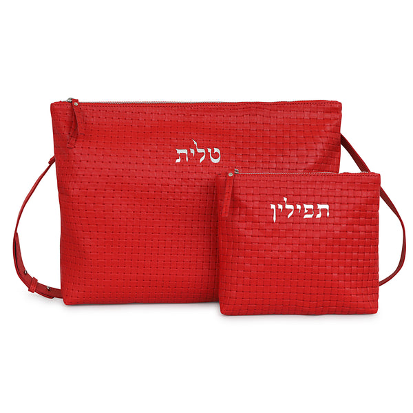 Kinor David Red Braided Talit and Tefillin Bags