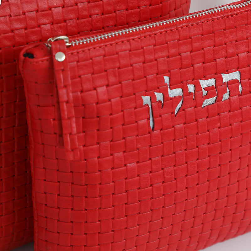 Kinor David Red Braided Talit and Tefillin Bags