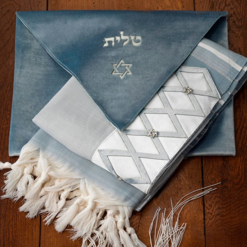 Pewter Prayer Shawl Clips with Chain - Blue Star of David in Tablet Frame